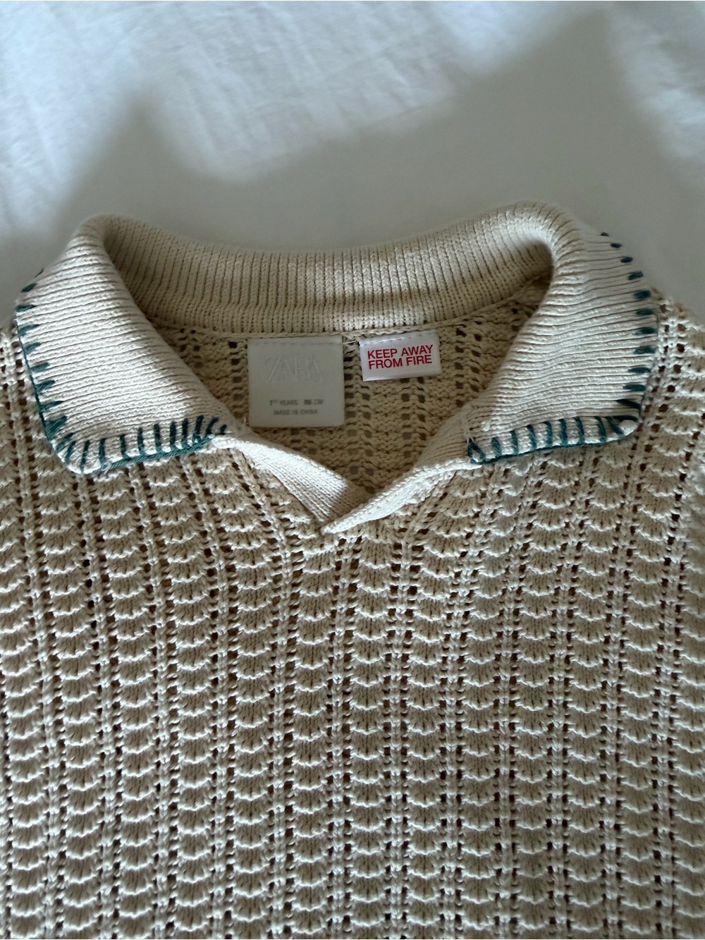 Zara Kids Crochet Knit Polo Cream Green Stitch 18M 86cm - Picture 3 of 5